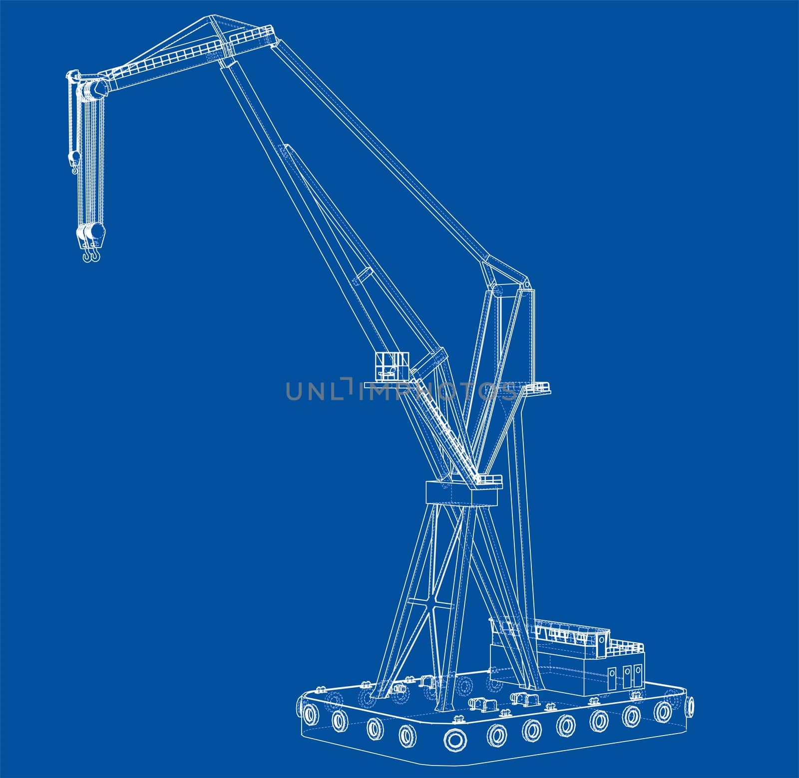 Floating crane. 3d illustration. Blueprint or Wire-frame style