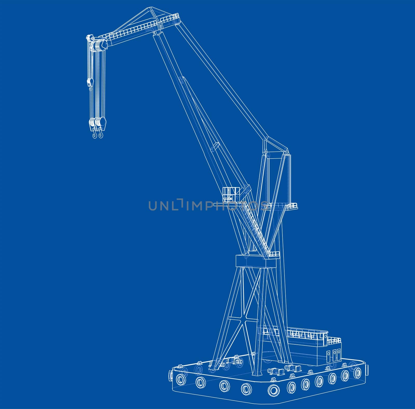 Floating crane. 3d illustration. Blueprint or Wire-frame style