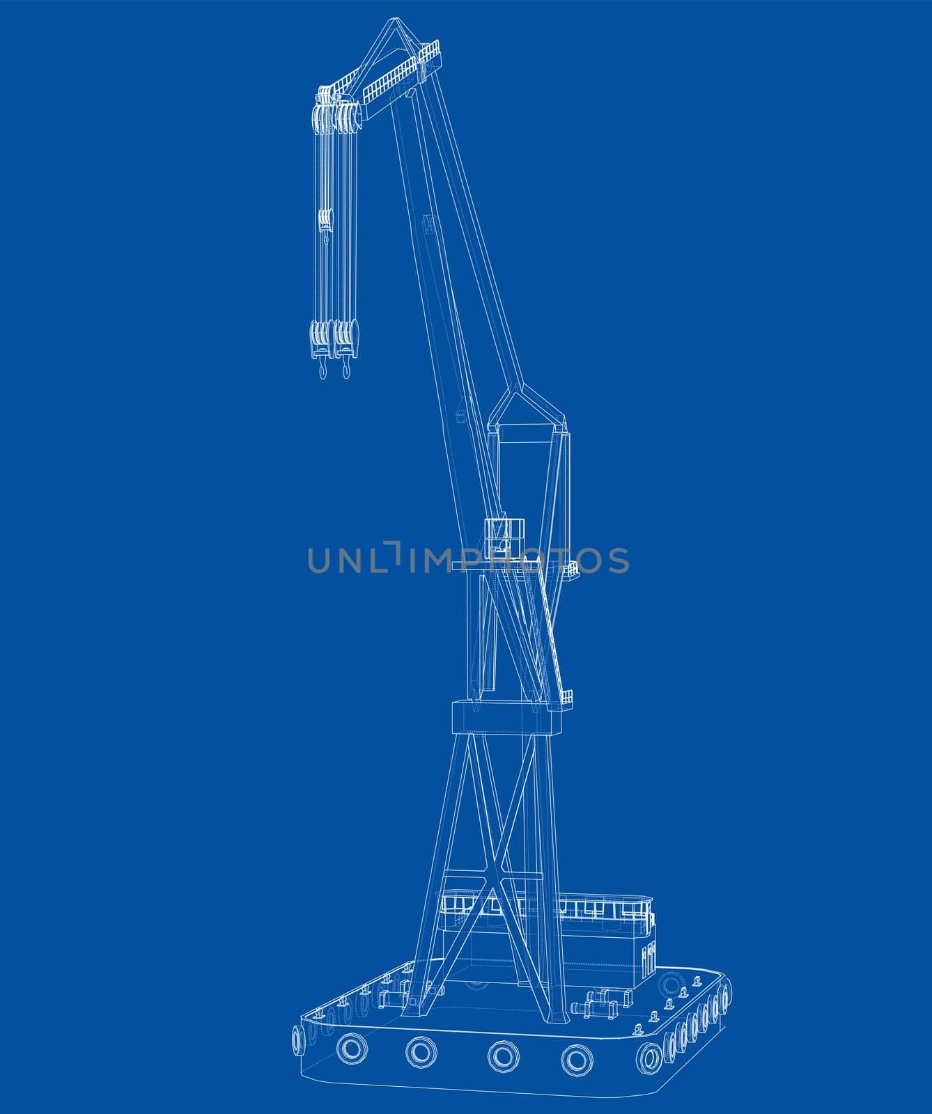 Floating crane. 3d illustration. Blueprint or Wire-frame style