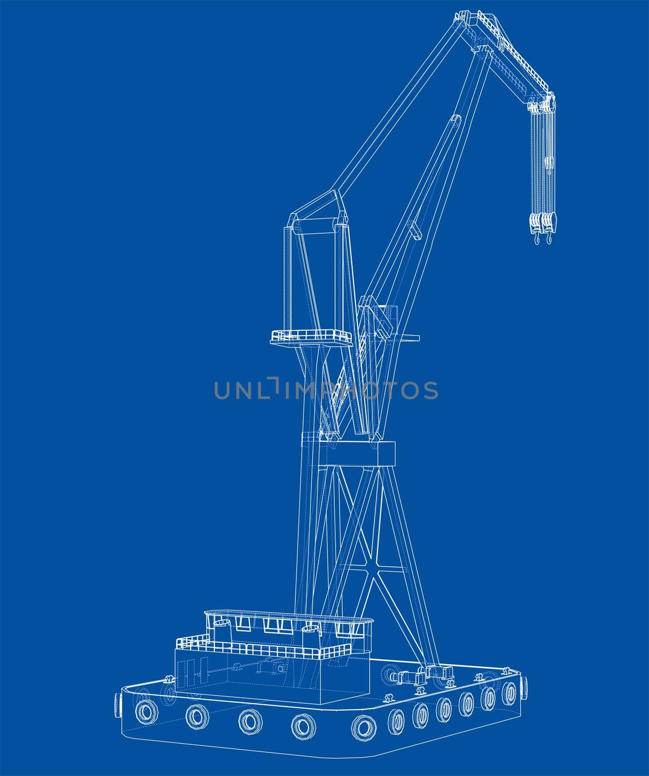 Floating crane. 3d illustration. Blueprint or Wire-frame style