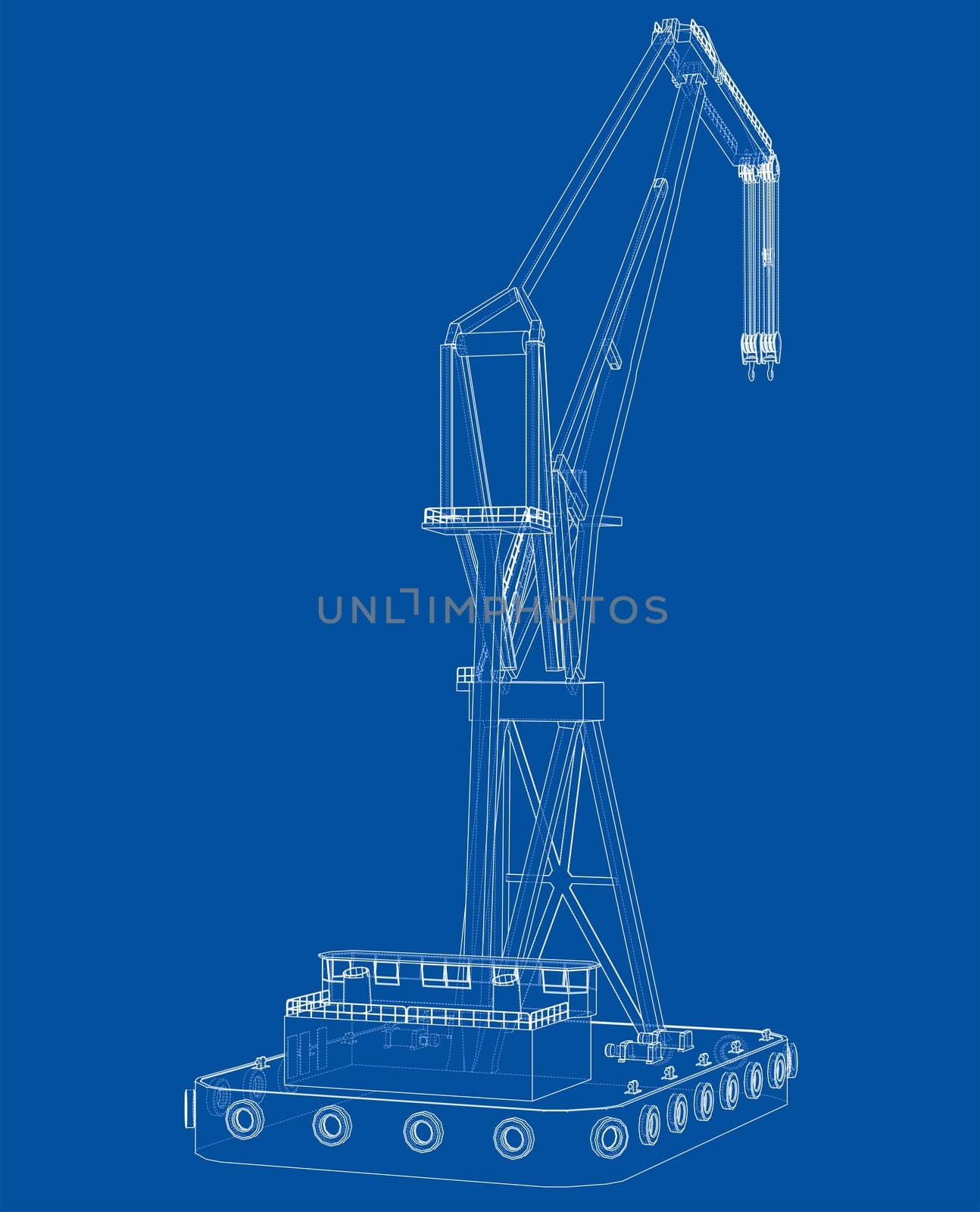 Floating crane. 3d illustration. Blueprint or Wire-frame style