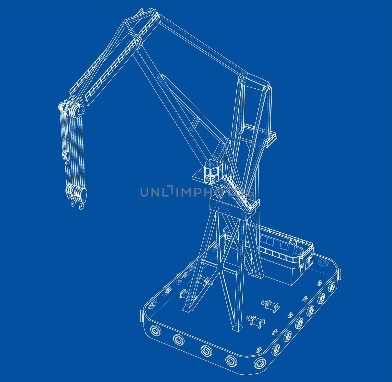 Floating crane. 3d illustration. Blueprint or Wire-frame style