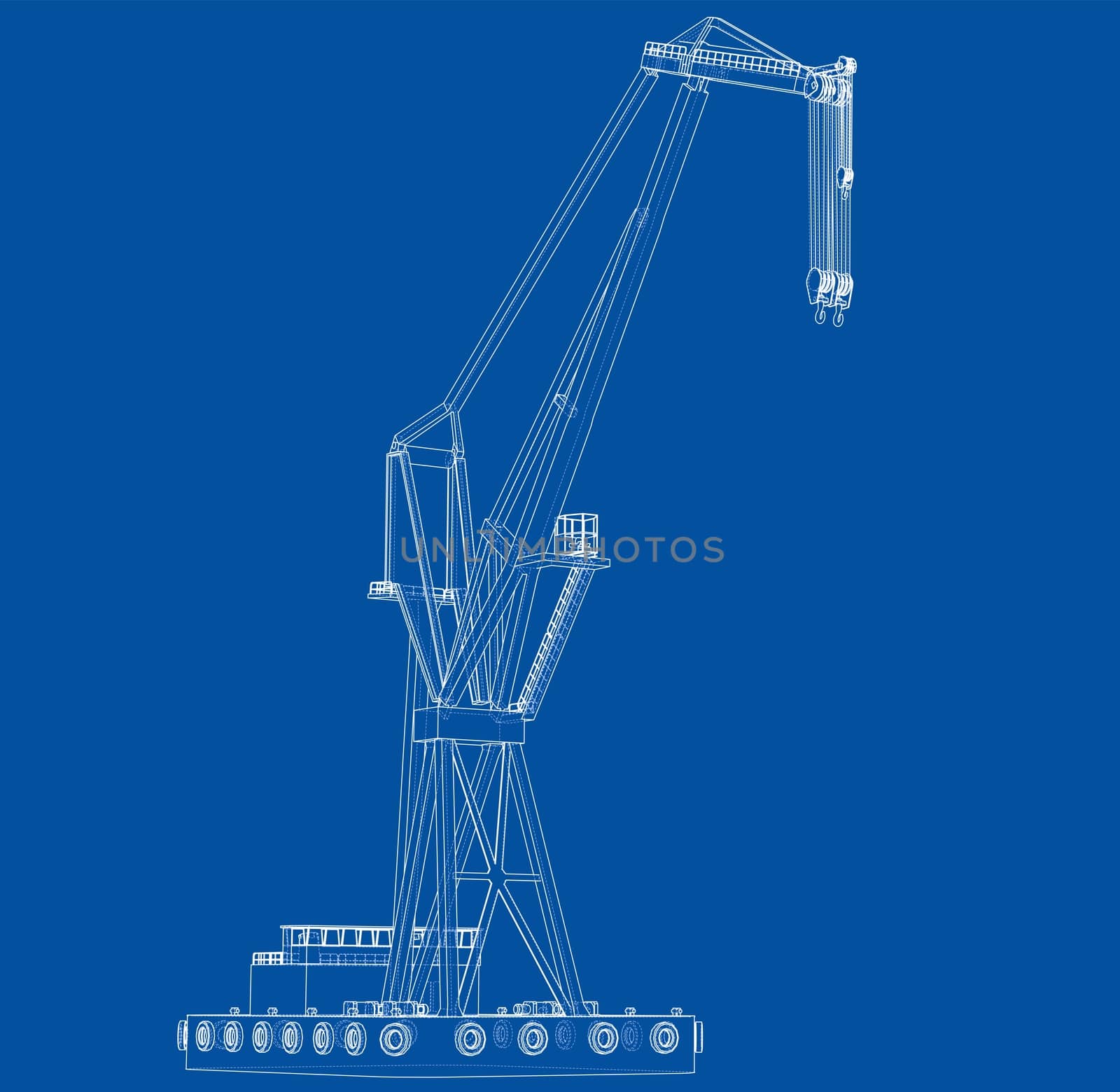 Floating crane. 3d illustration. Blueprint or Wire-frame style