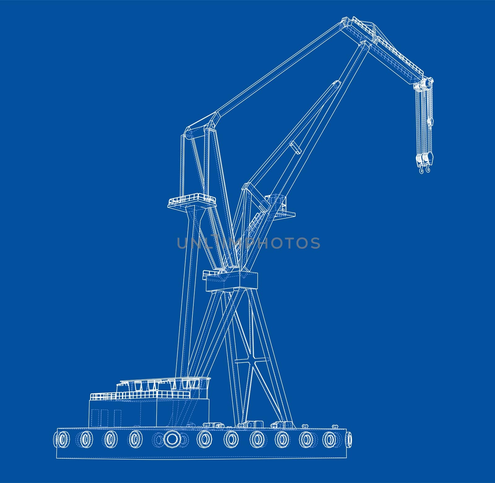 Floating crane. 3d illustration. Blueprint or Wire-frame style