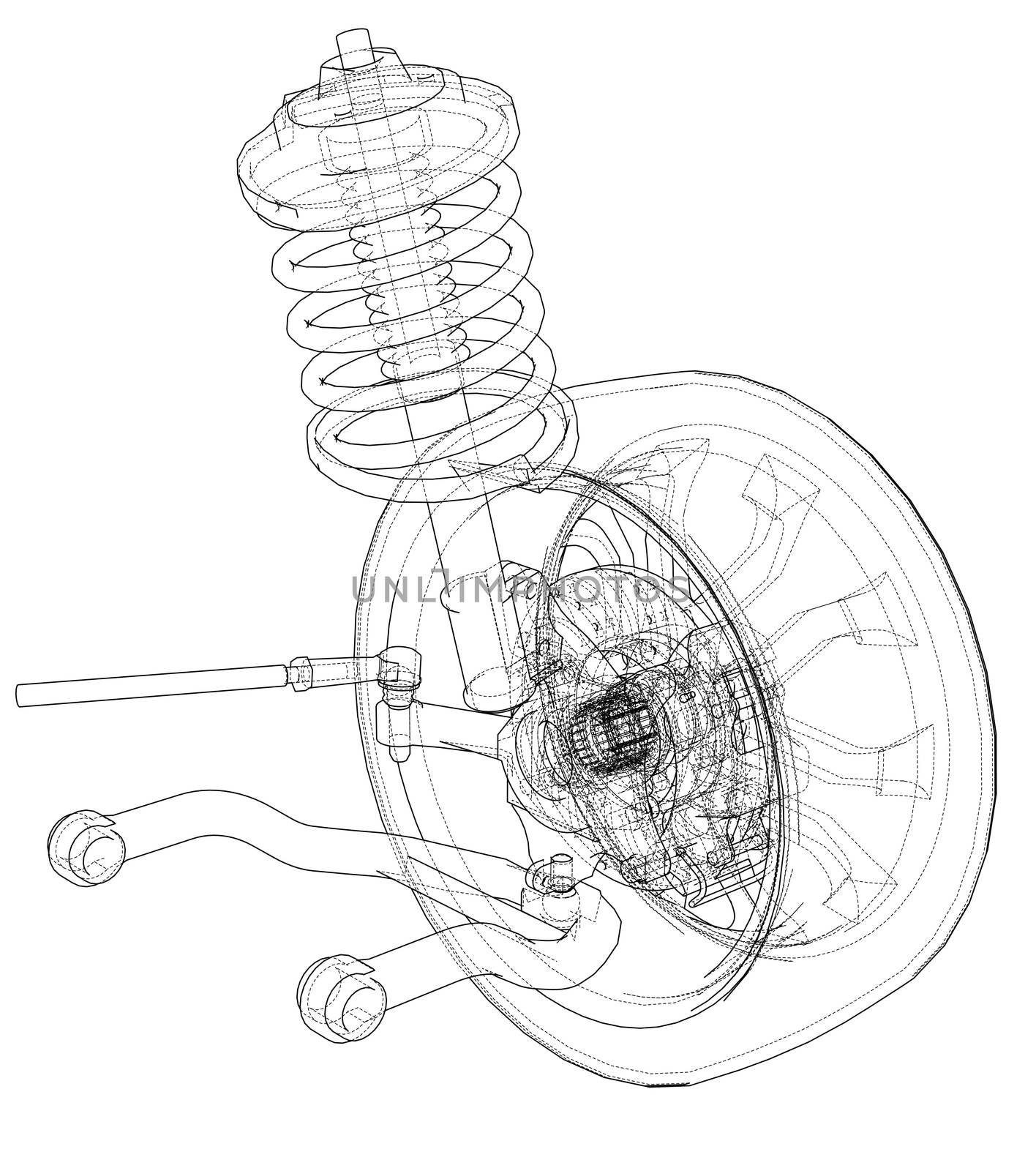 Car suspension with wheel tire and shock absorber. 3d illustration. Wire-frame style