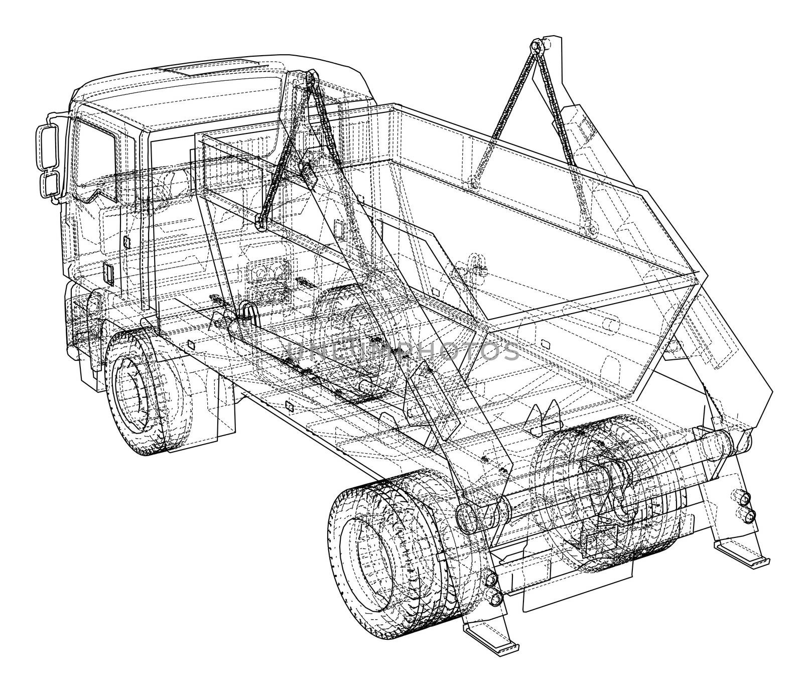 Garbage truck concept. 3d illustration. Wire-frame style