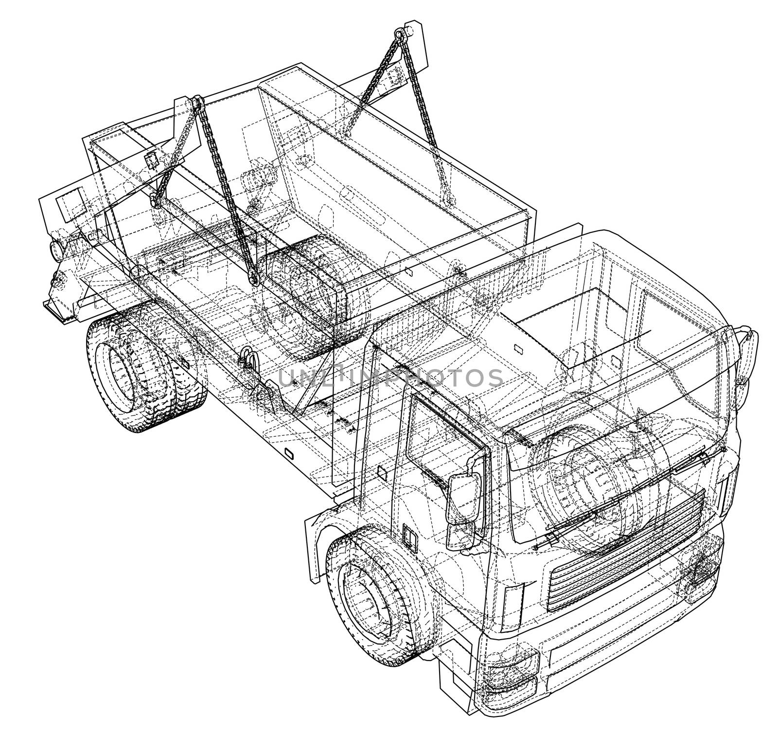 Garbage truck concept. 3d illustration. Wire-frame style