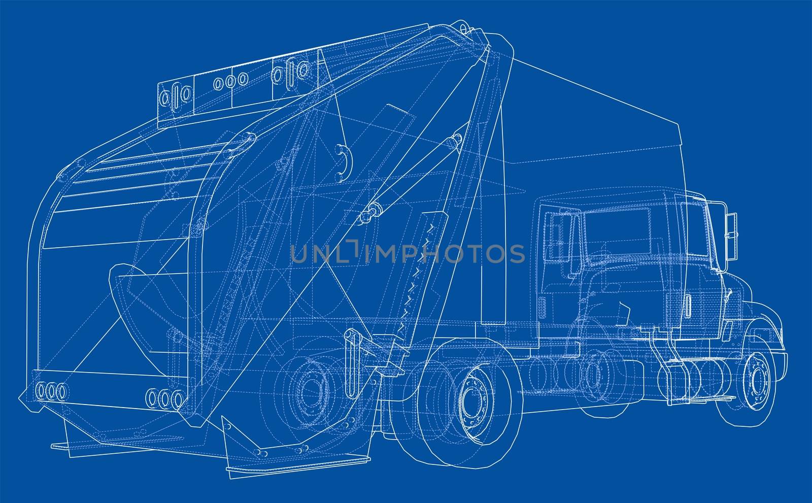 Garbage truck concept. 3d illustration. Wire-frame style