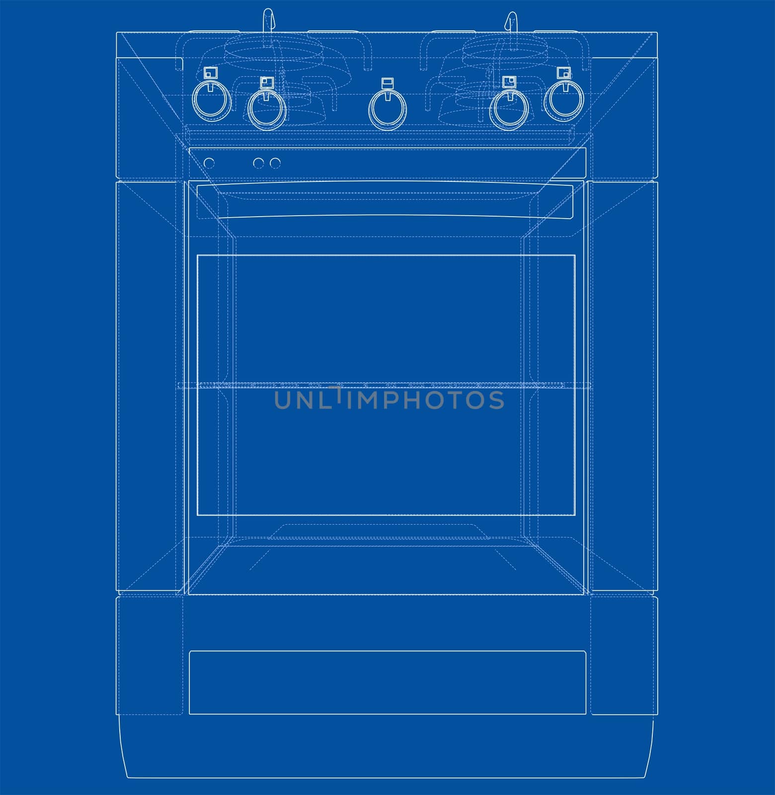 Gas stove concept. 3d illustration. Wire-frame style