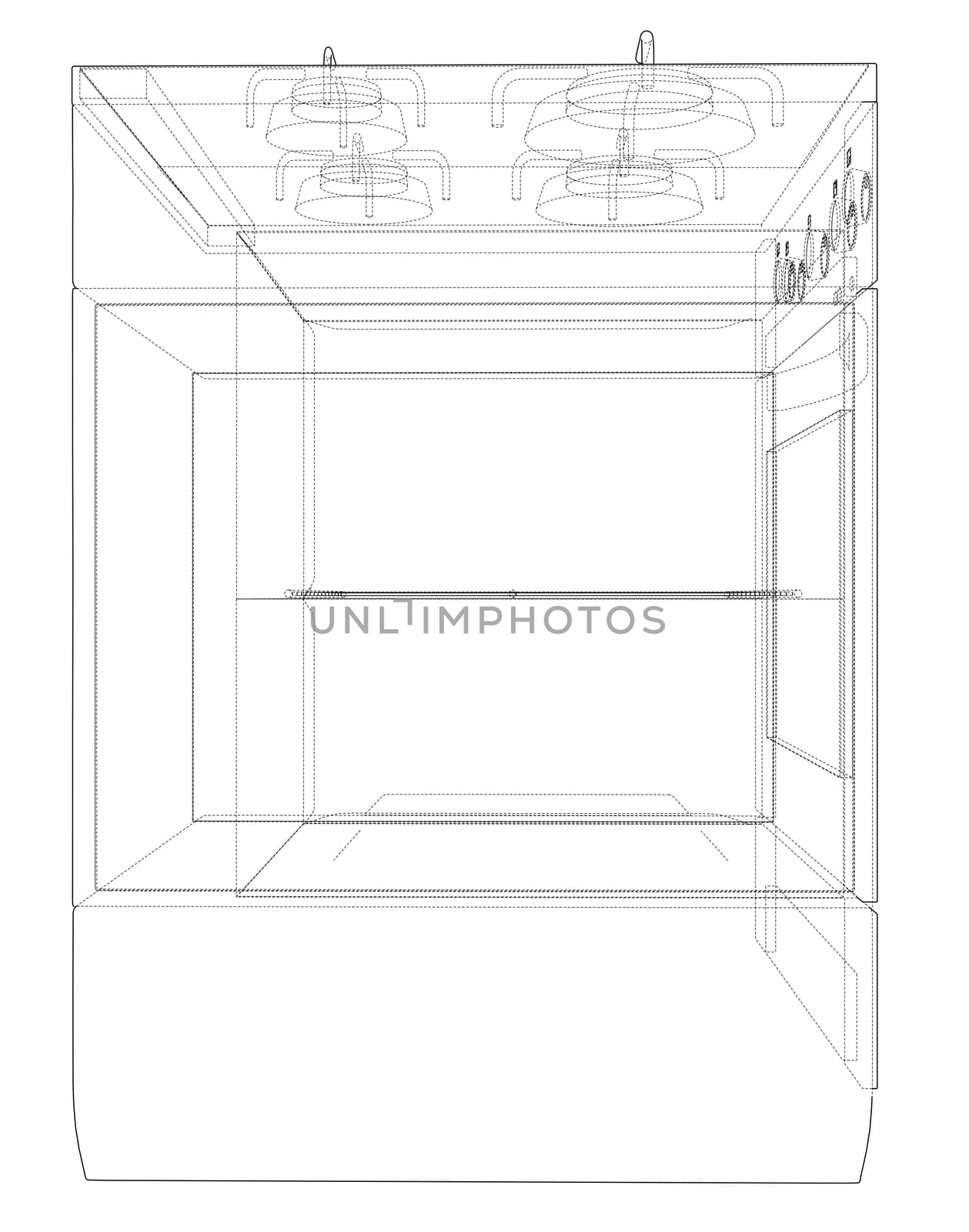 Gas stove concept. 3d illustration. Wire-frame style