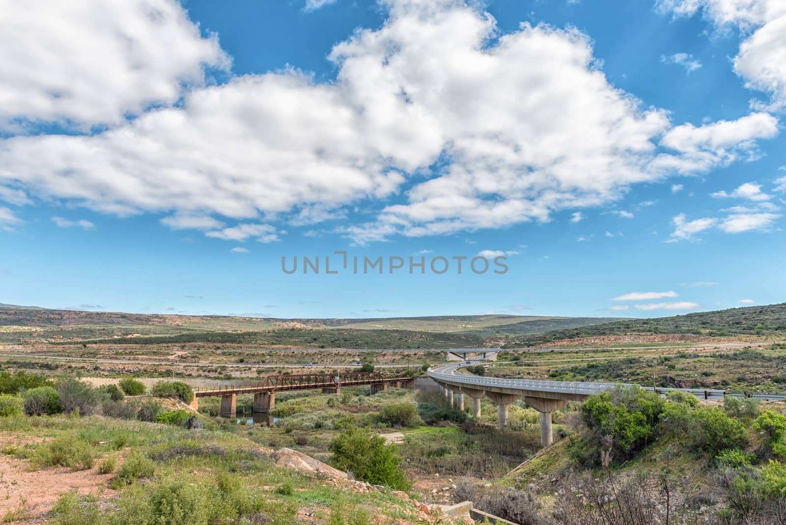 The road interchange on road N7 at Clanwilliam. The old road bridge is visible