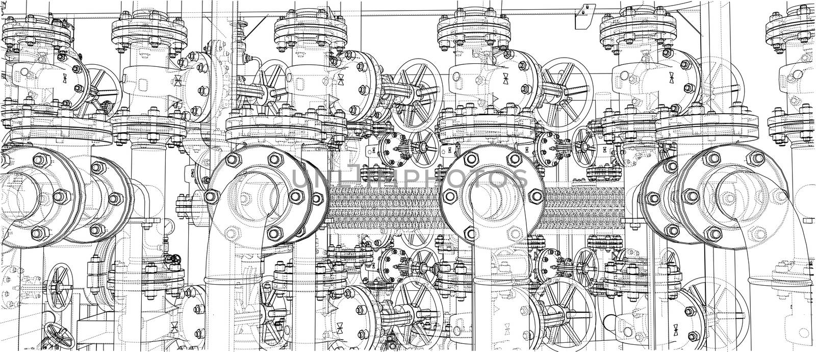 Sketch of industrial equipment. 3d illustration. Wire-frame style