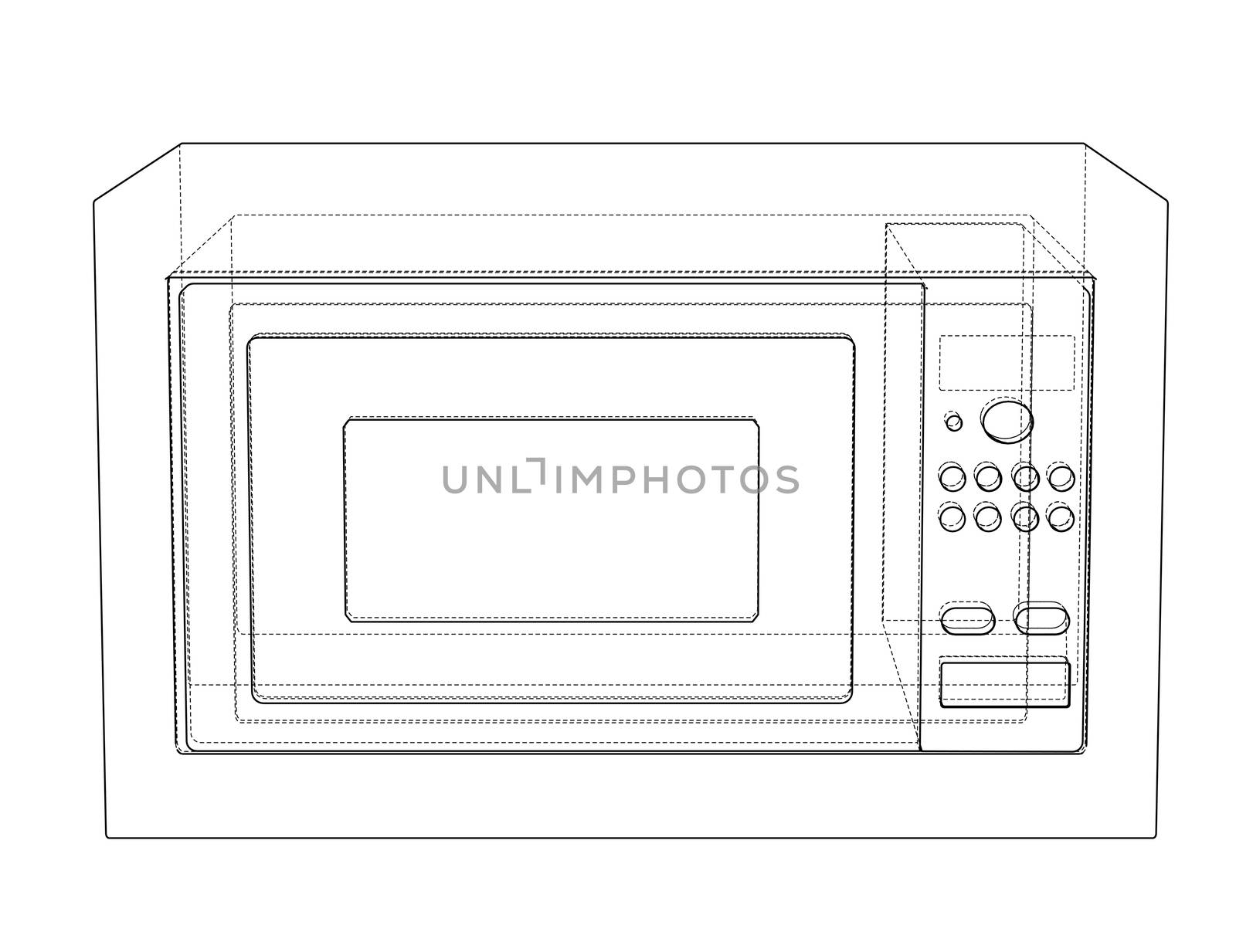 Microwave concept. 3d illustration. Blueprint or Wire-frame style