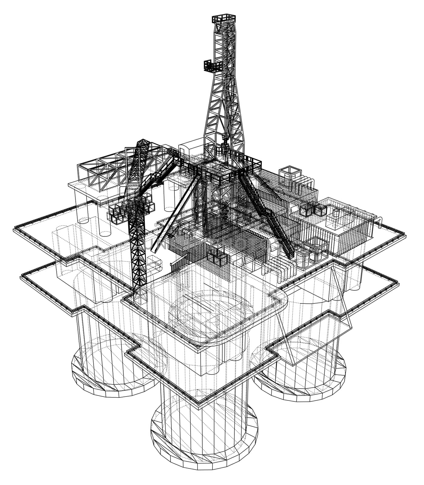 Offshore oil rig drilling platform concept. 3d illustration. Wire-frame style