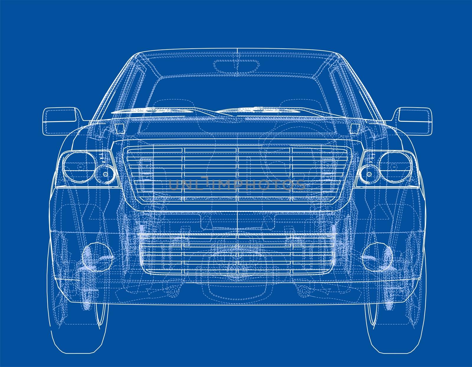 Car SUV drawing outline or blueprint. 3d illustration