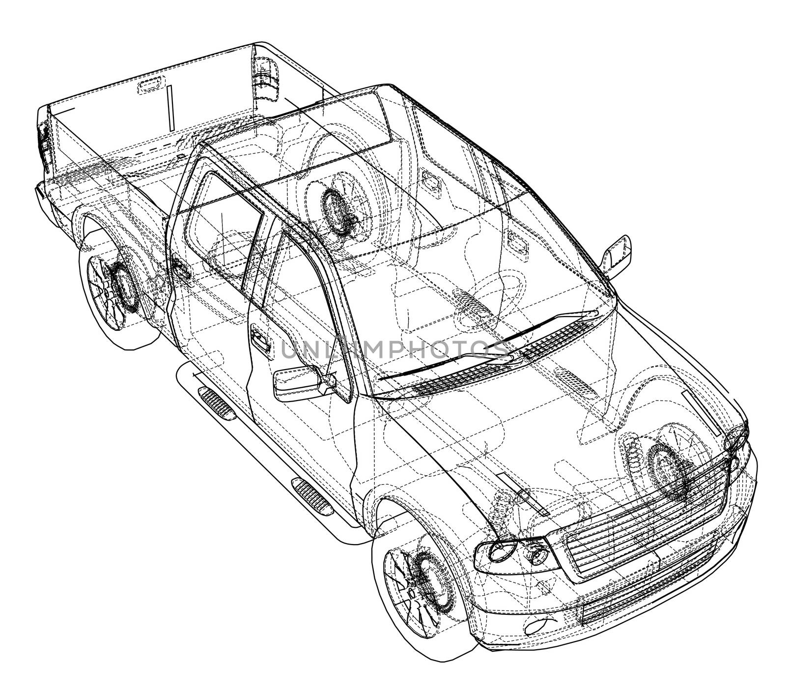 Car SUV drawing outline or blueprint. 3d illustration