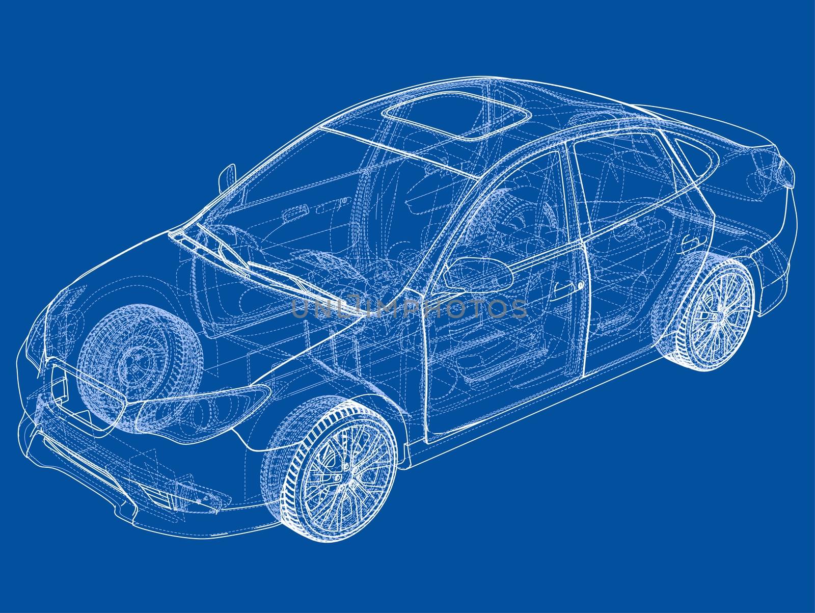 Concept car. 3d illustration. Blueprint or Wire-frame style