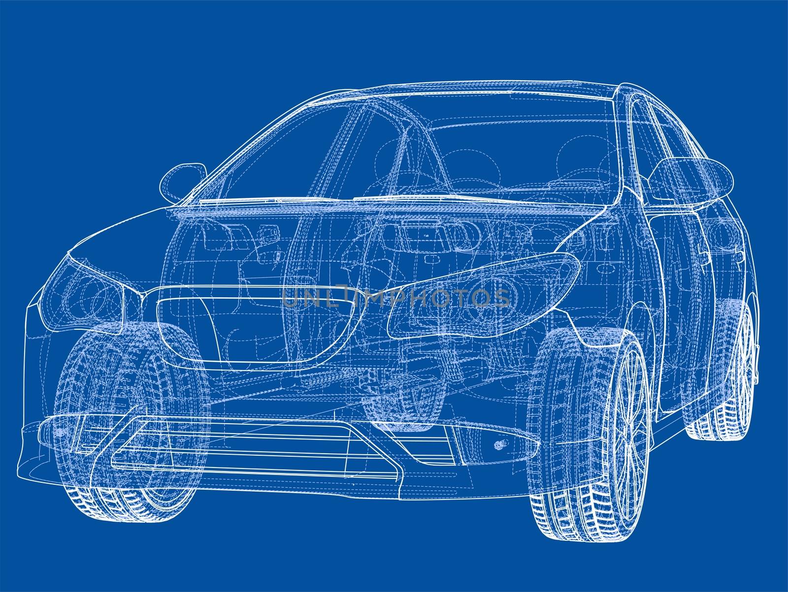 Concept car. 3d illustration. Blueprint or Wire-frame style