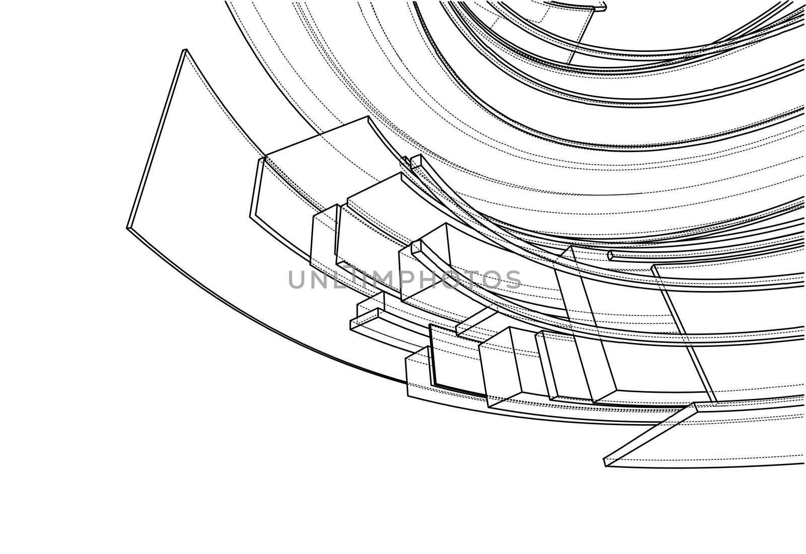 Design spiral elements. 3d illustration. Wire-frame style