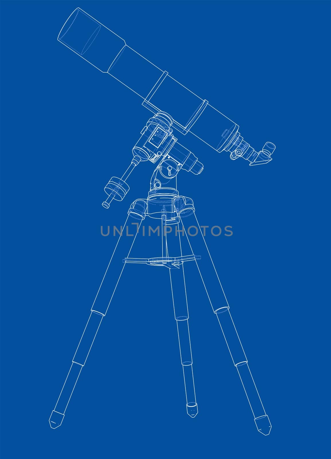 Telescope concept outline. 3d illustration. Wire-frame style