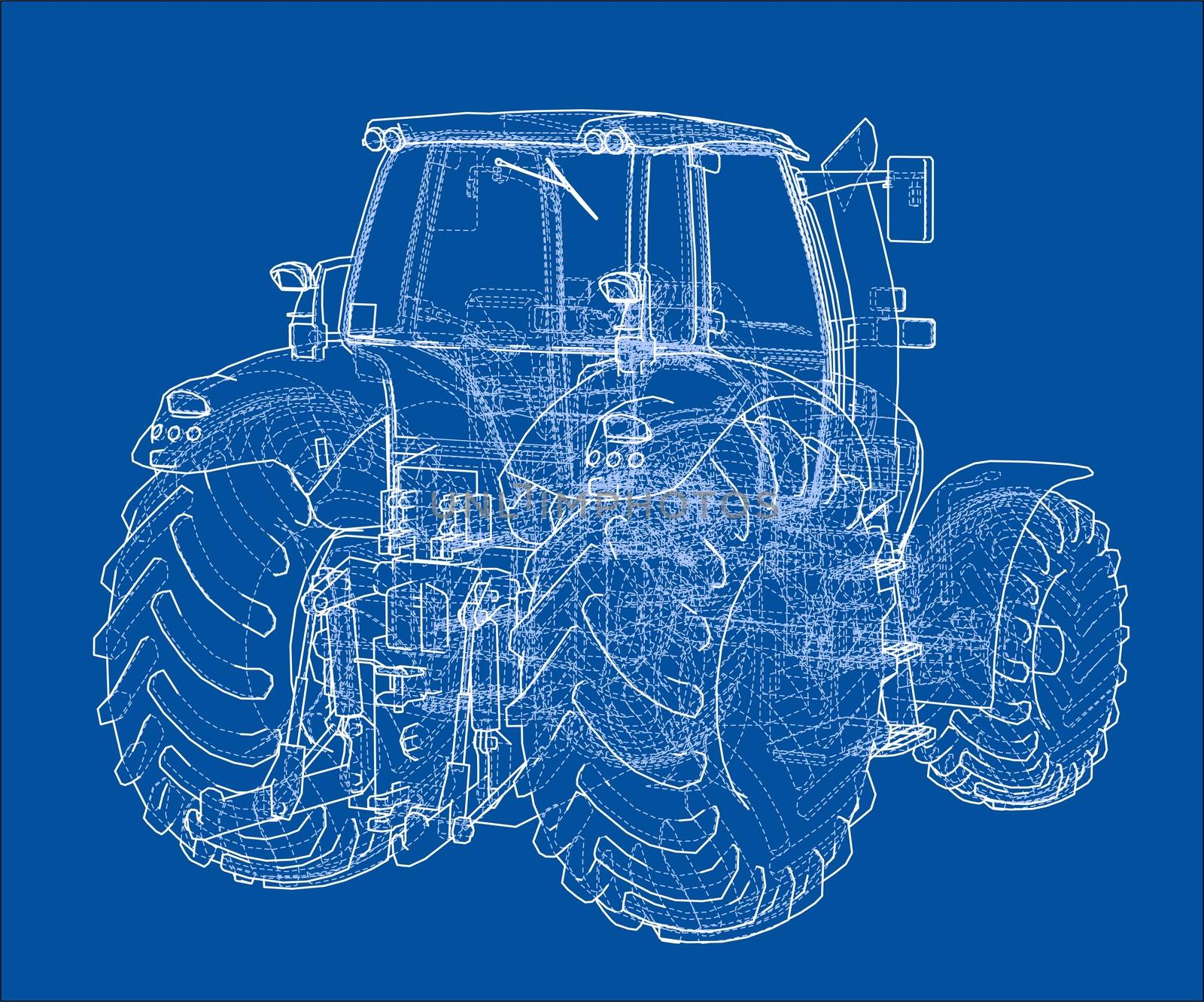 Farm Tractor Concept. 3d illustration. Wire-frame style