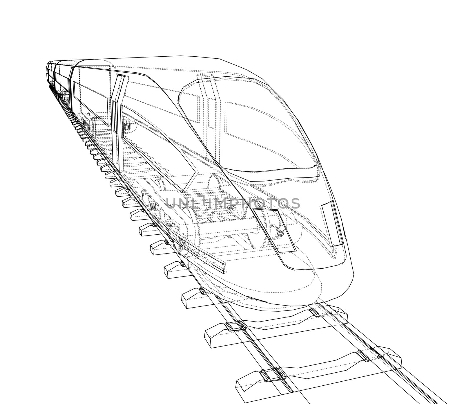 Modern speed train concept. 3d illustration. Wire-frame style