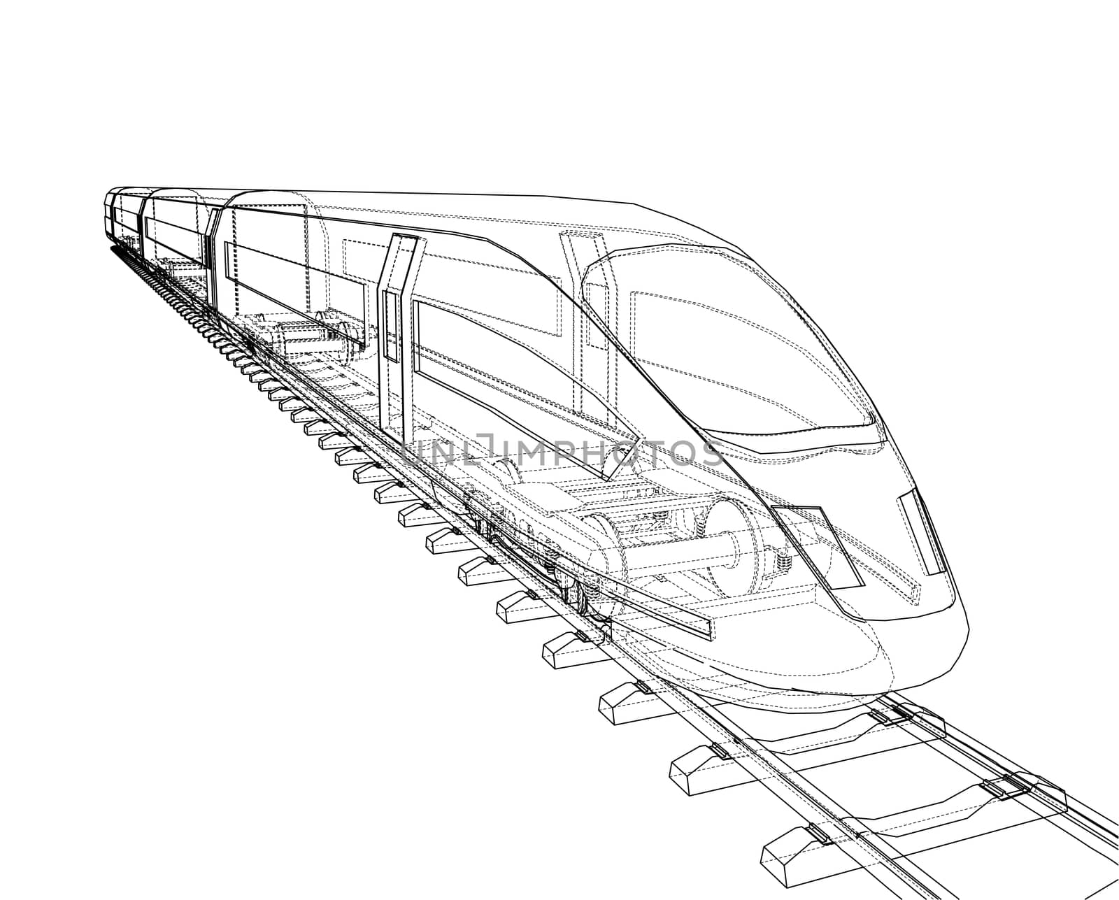 Modern speed train concept. 3d illustration. Wire-frame style