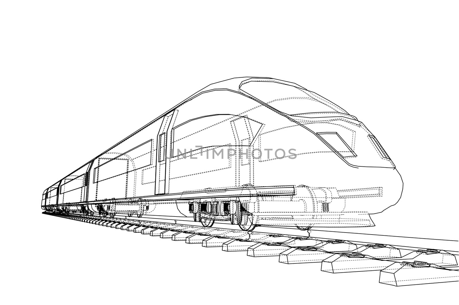 Modern speed train concept. 3d illustration. Wire-frame style