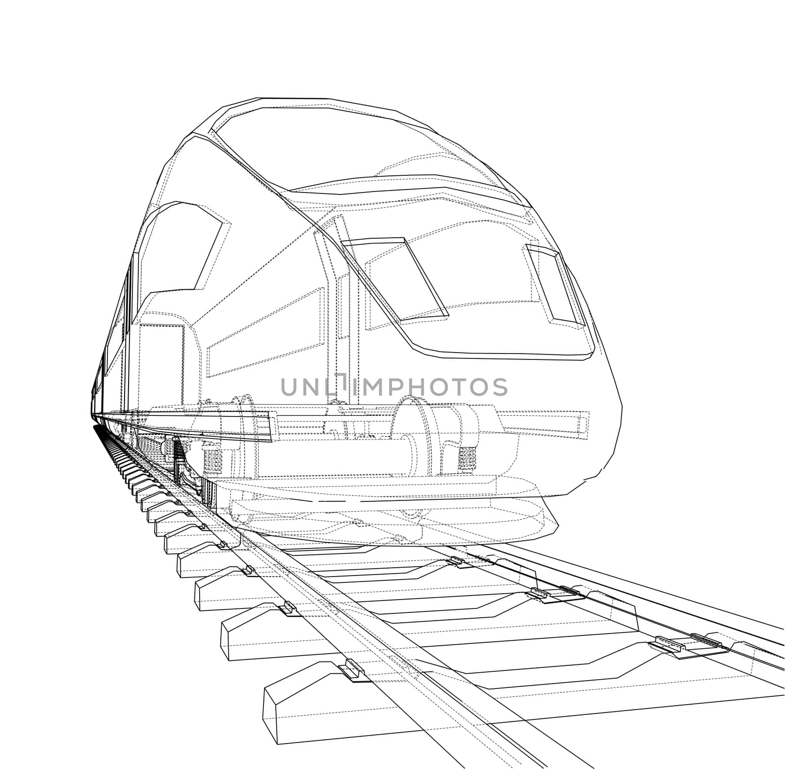 Modern speed train concept. 3d illustration. Wire-frame style