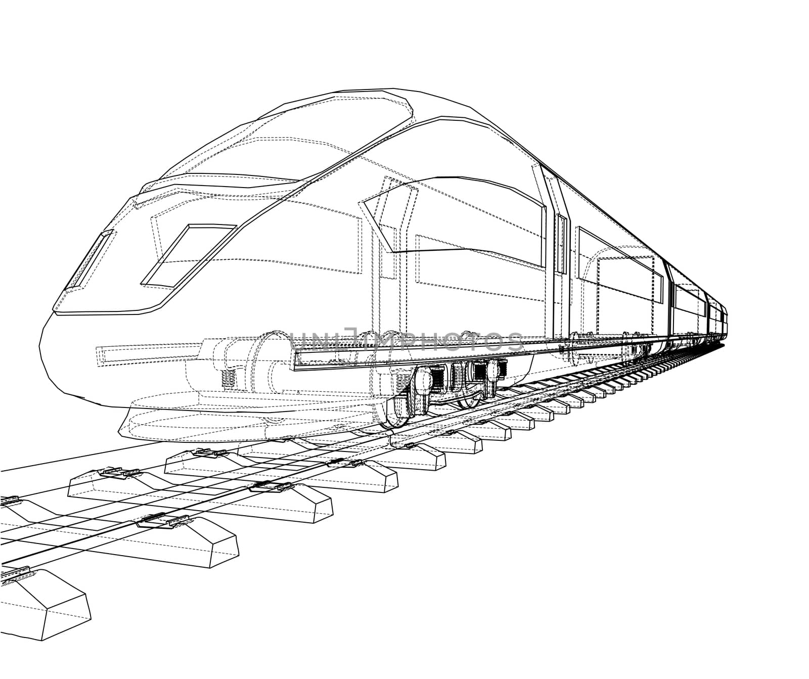 Modern speed train concept. 3d illustration. Wire-frame style