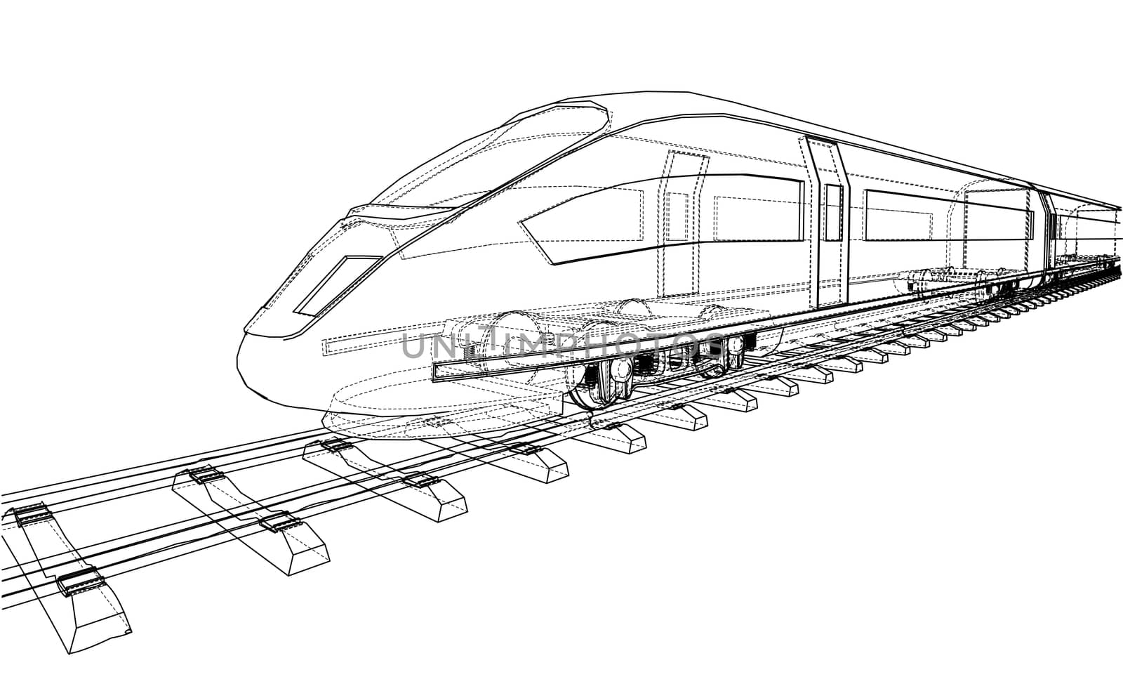 Modern speed train concept. 3d illustration. Wire-frame style