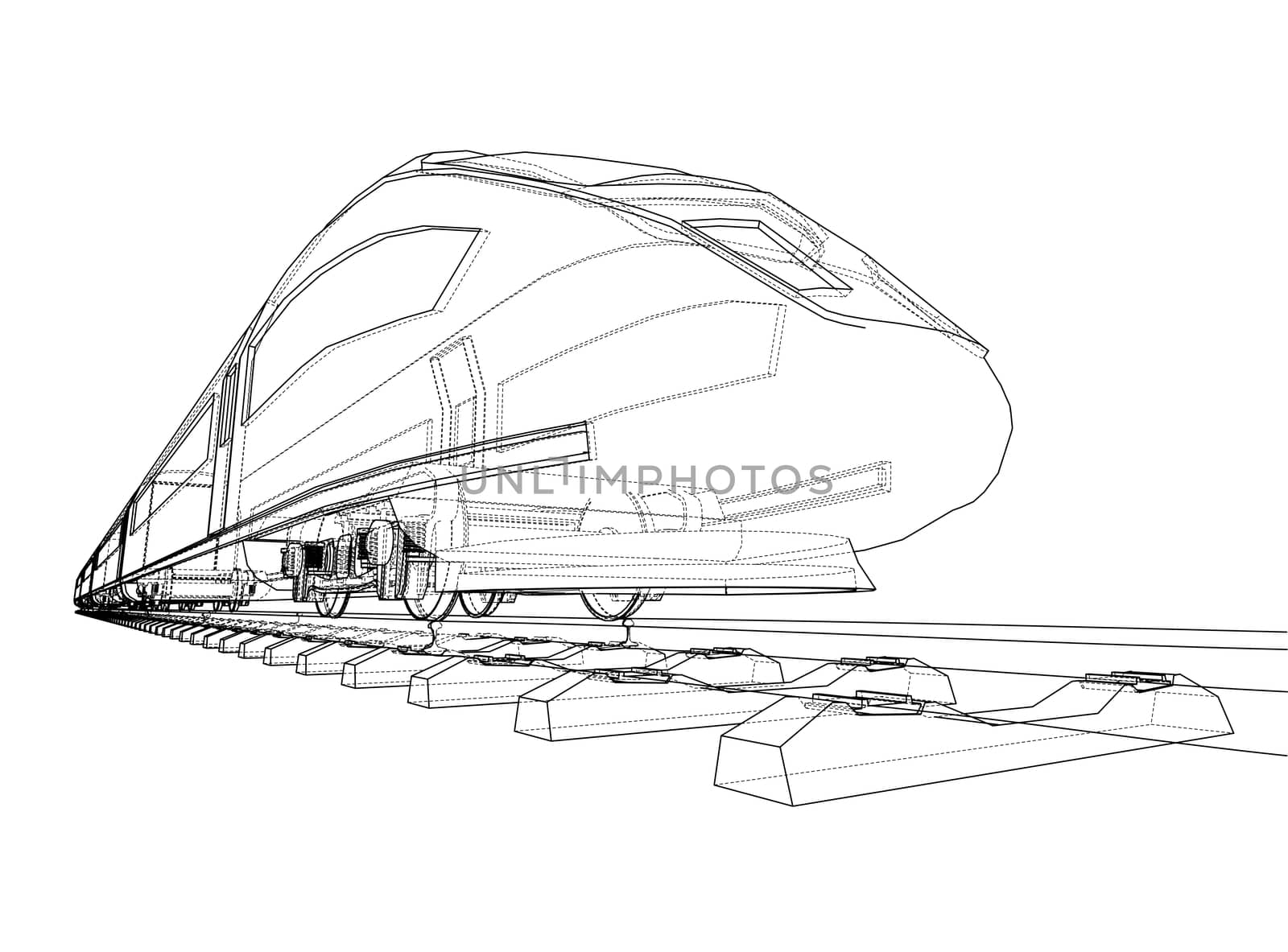 Modern speed train concept. 3d illustration. Wire-frame style