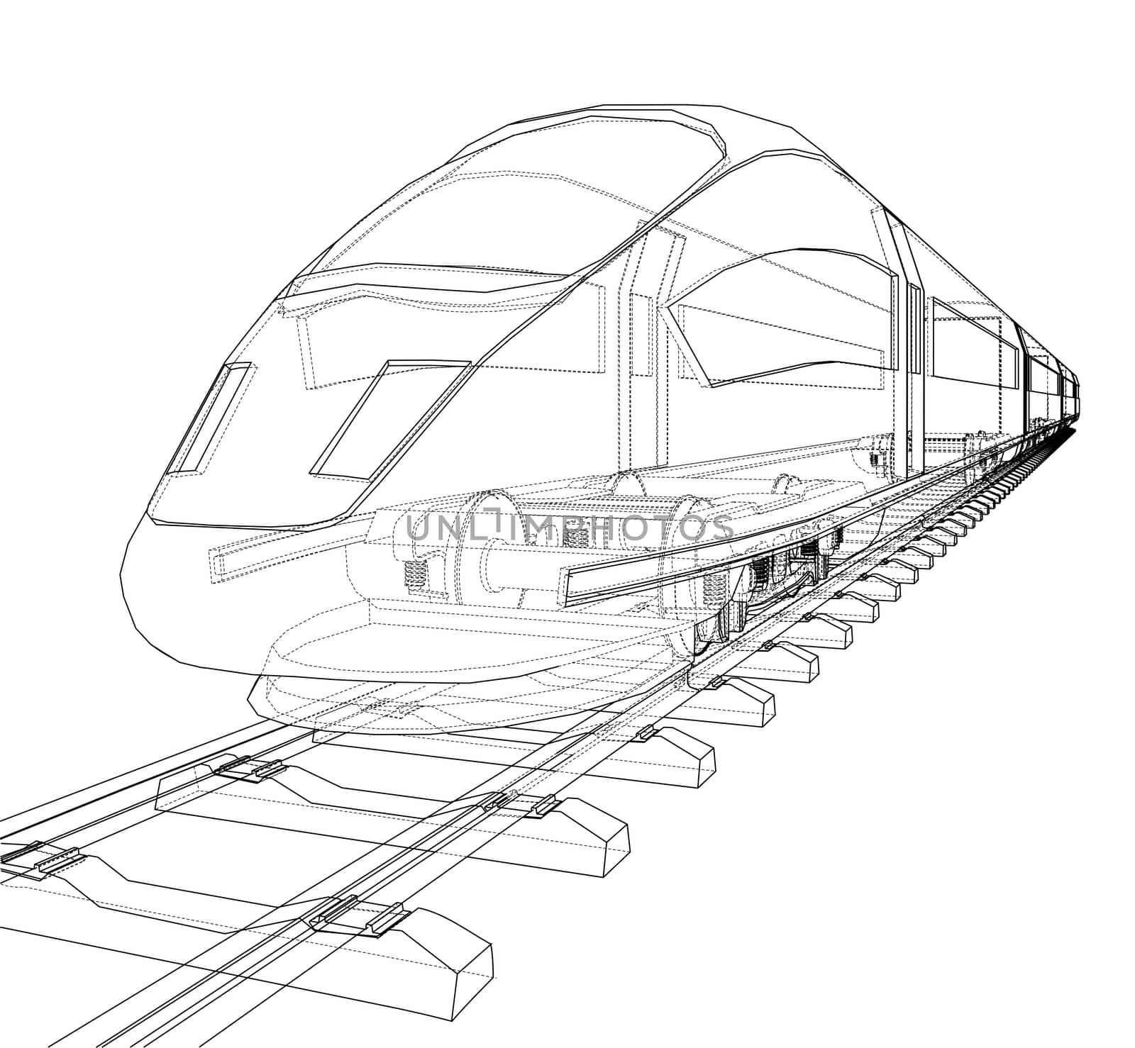 Modern speed train concept. 3d illustration. Wire-frame style