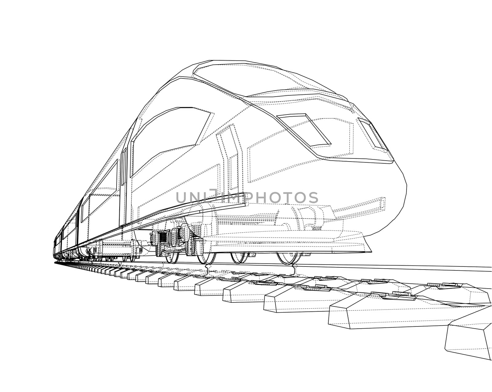 Modern speed train concept. 3d illustration. Wire-frame style