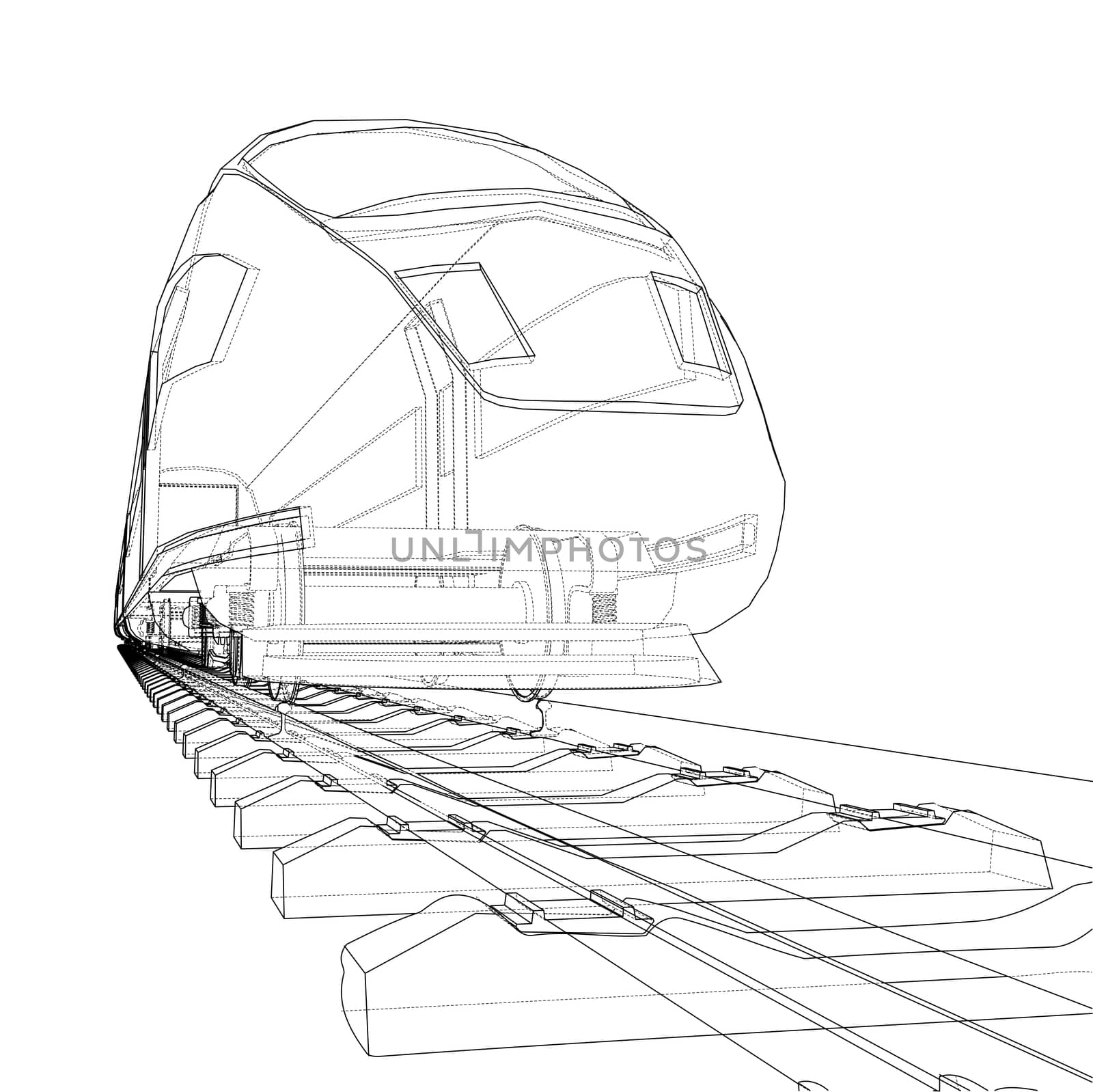 Modern speed train concept. 3d illustration. Wire-frame style