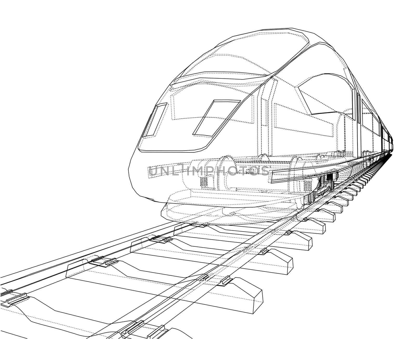 Modern speed train concept. 3d illustration. Wire-frame style