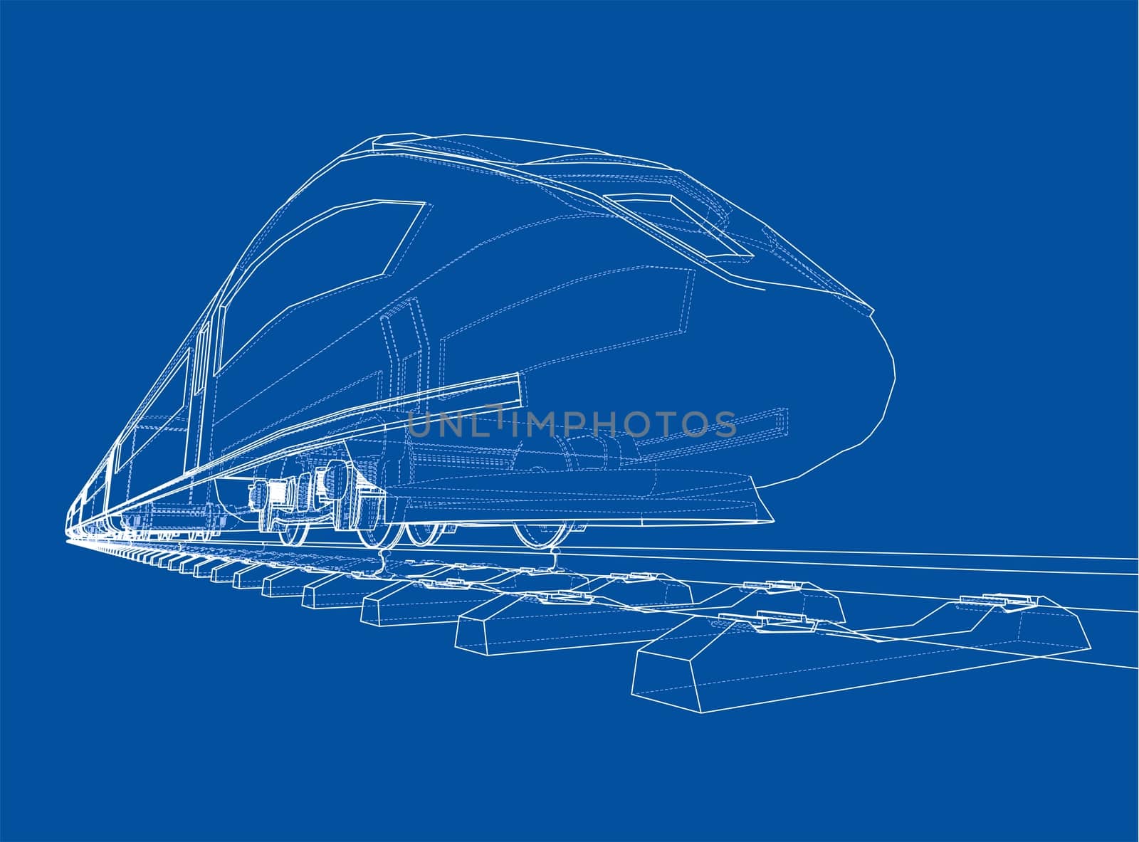 Modern speed train concept. 3d illustration. Wire-frame style