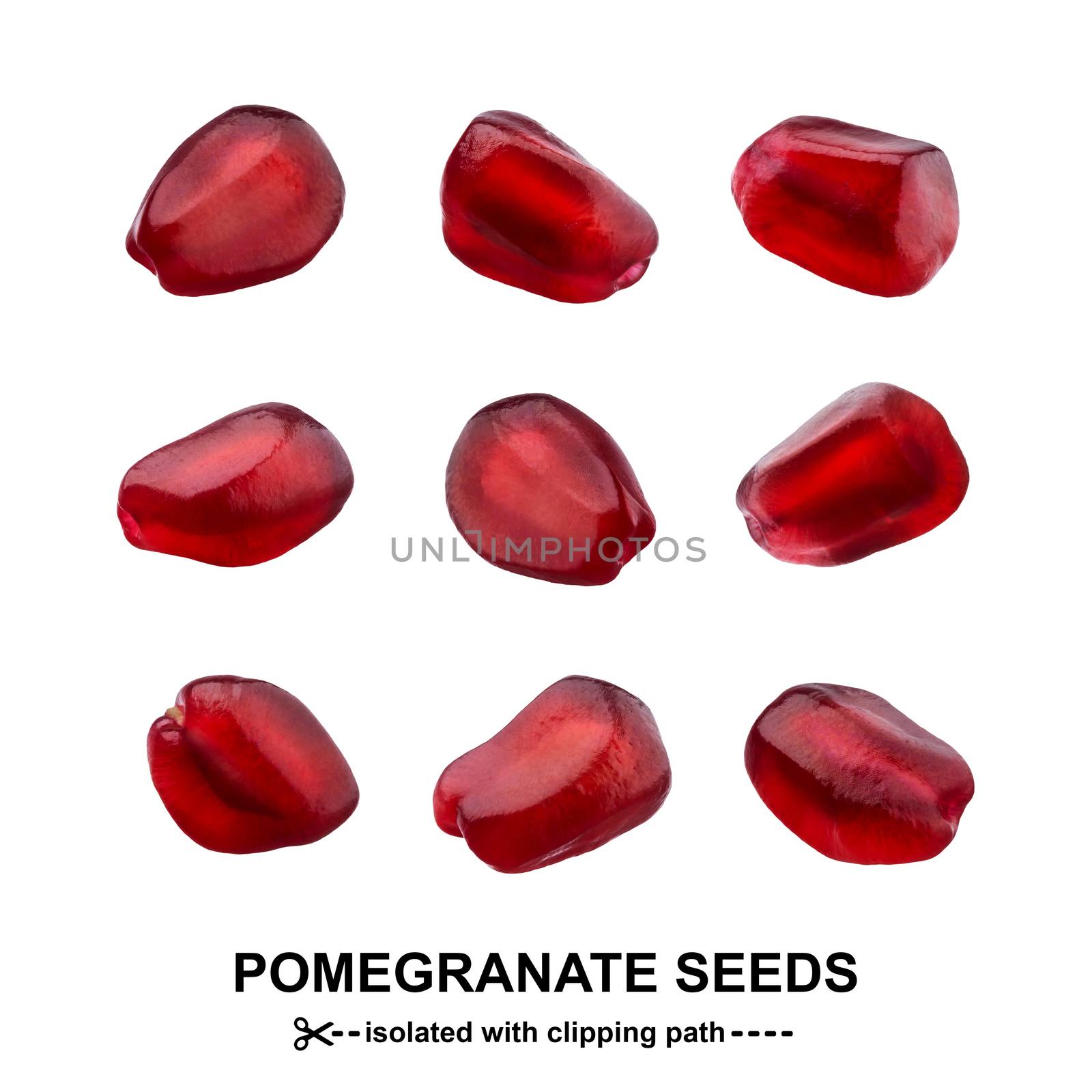 One Pomegranate seed isolated on white background with clipping path, close-up, single