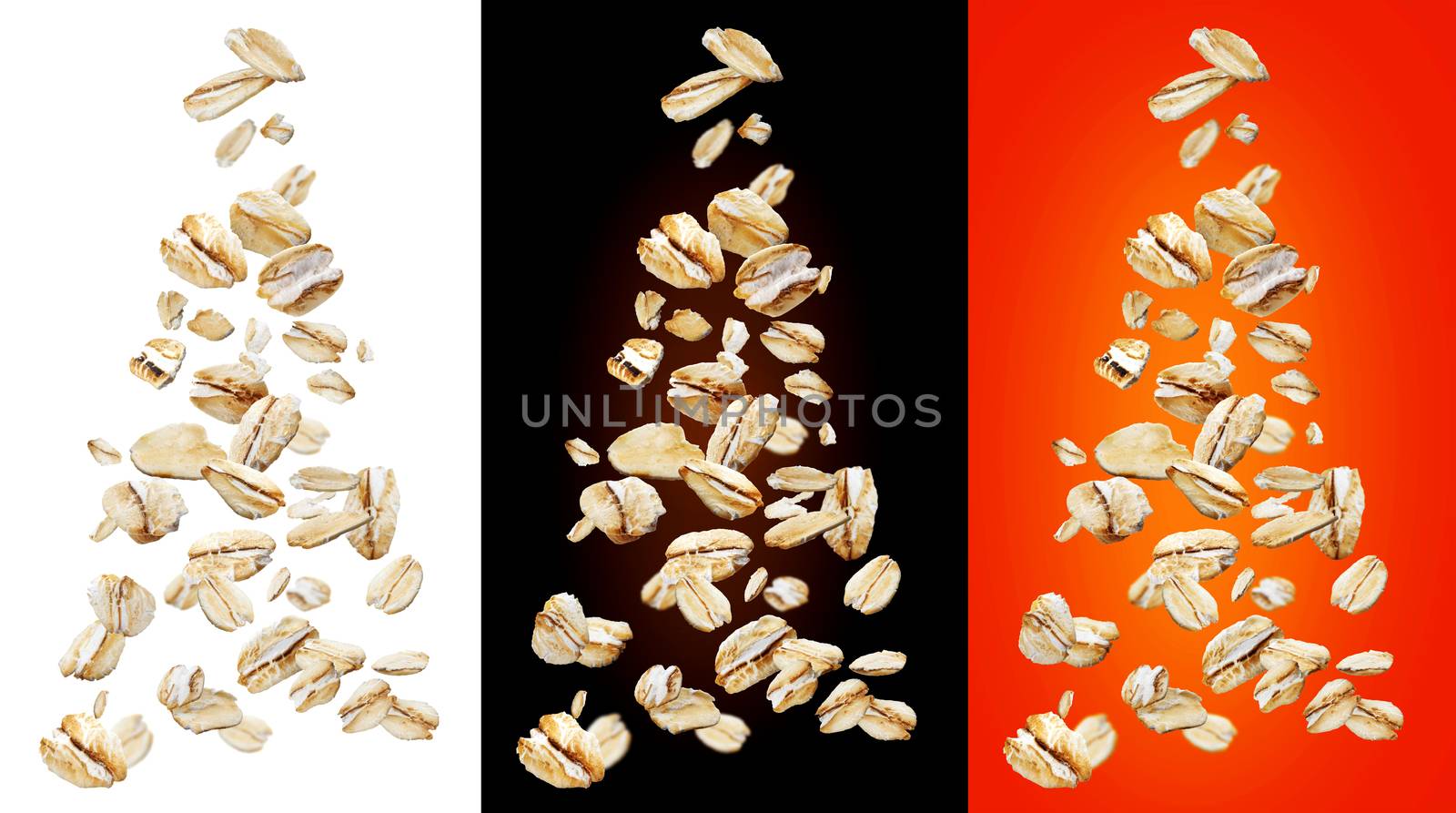 Oat flakes isolated on white, black and red backgrounds by xamtiw