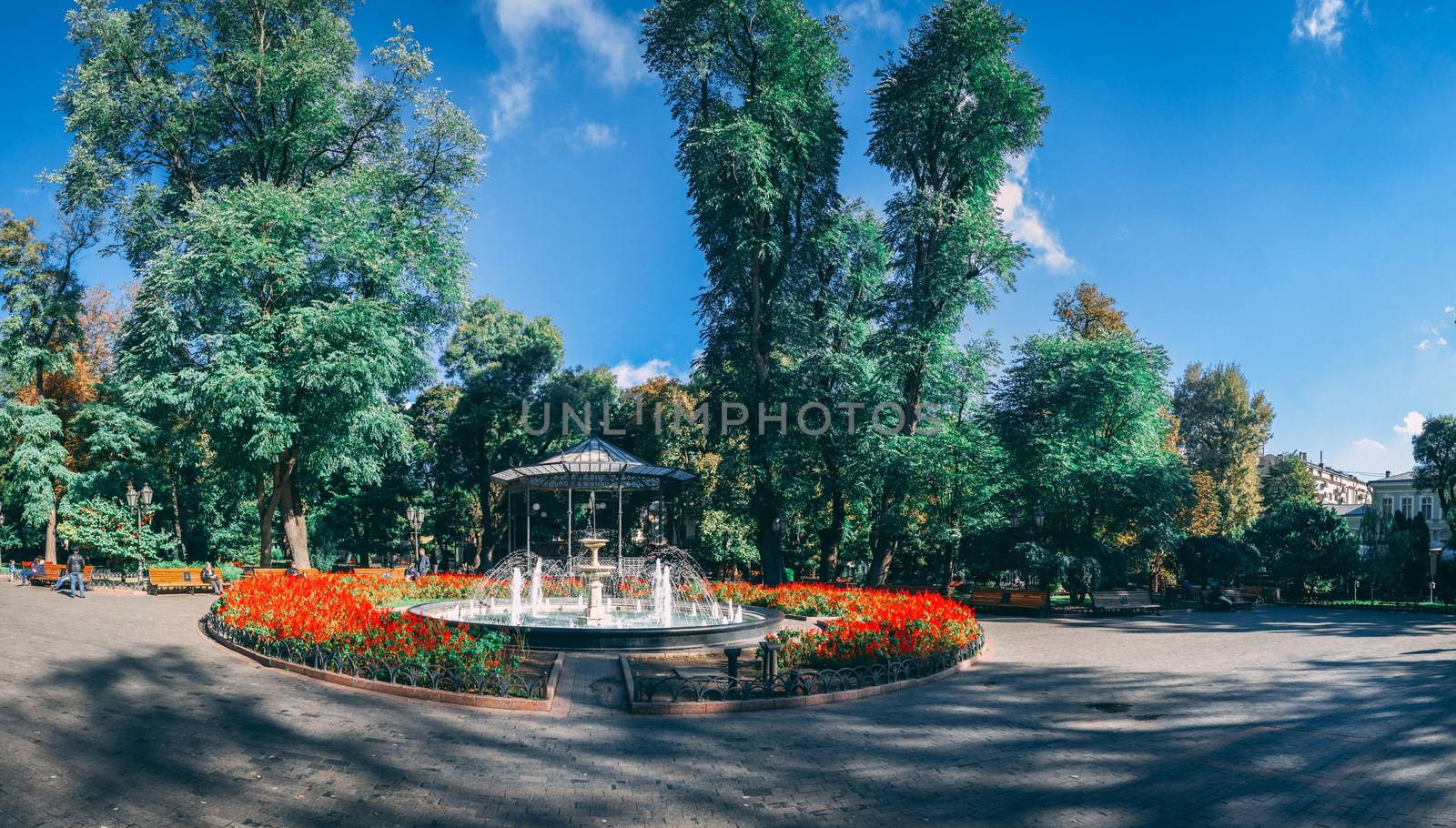 ODESSA, UKRAINE - 09.25.2018. Panoramic view of the Odessa City garden, Ukraine, in a sunny summer morning