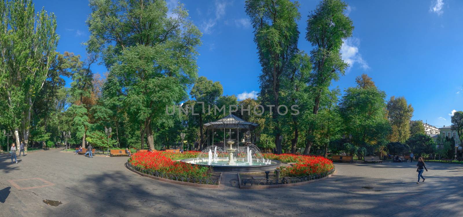 ODESSA, UKRAINE - 09.25.2018. Panoramic view of the Odessa City garden, Ukraine, in a sunny summer morning