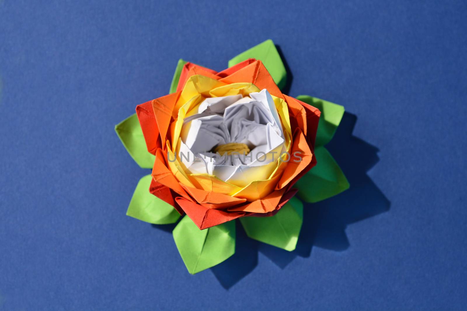 Red, yellow and white origami paper water lily flower on blue background