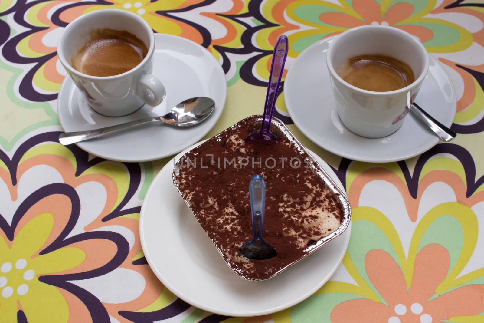 Sweet dessert food composition: two coffee cups, tiramisu chocol by VeraVerano