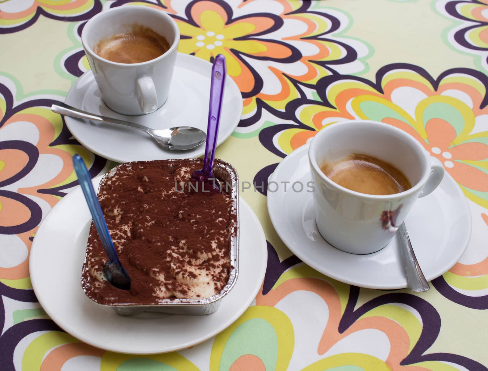 Dessert food composition: two coffee cups, tiramisu sweet chocol by VeraVerano