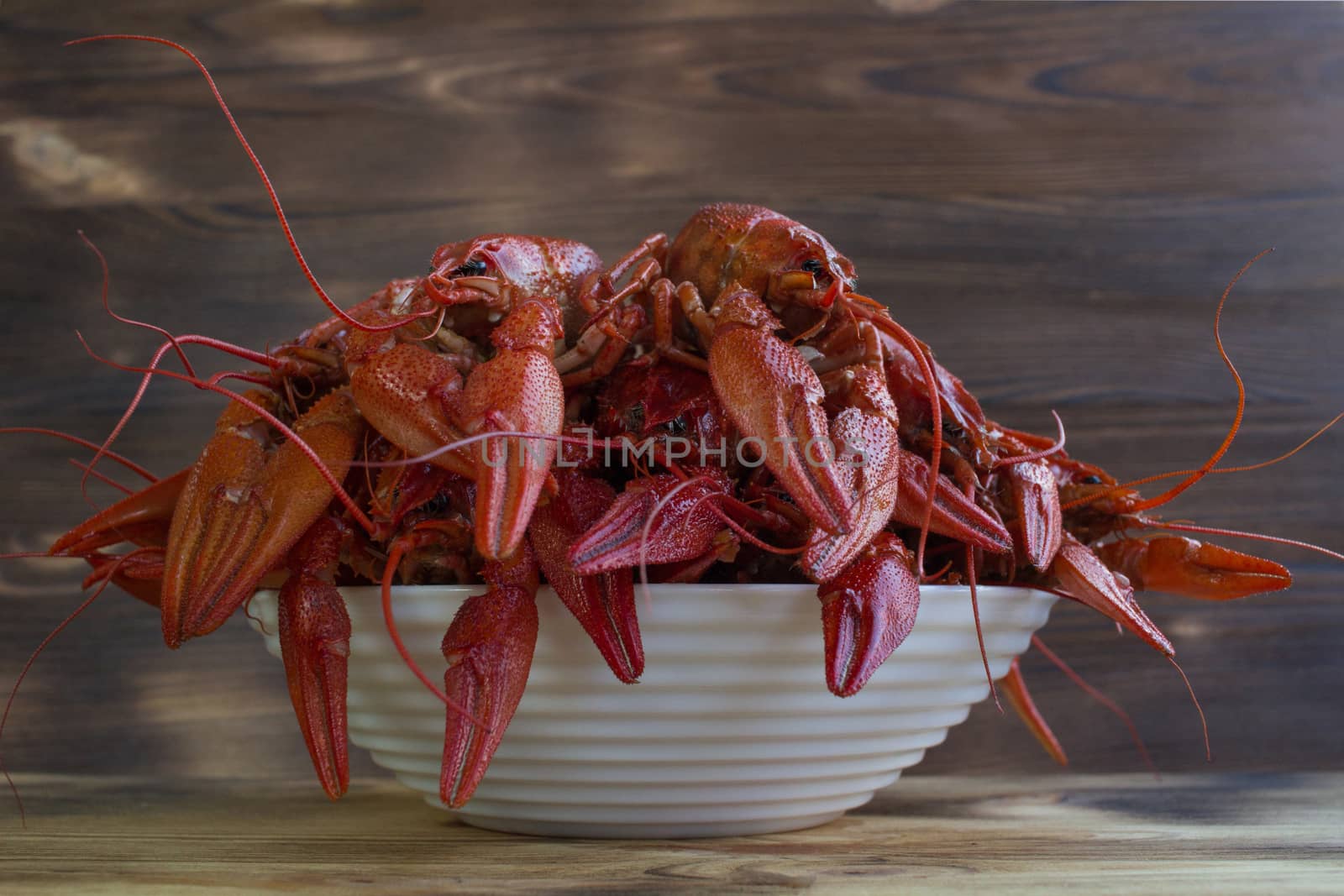 Plate of red boiled crayfishes with claws on wooden background