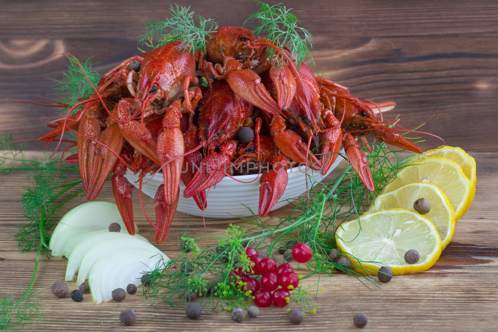 Plate of red boiled crayfishes with claws and fennel, onions, lemon and peppers on wooden background