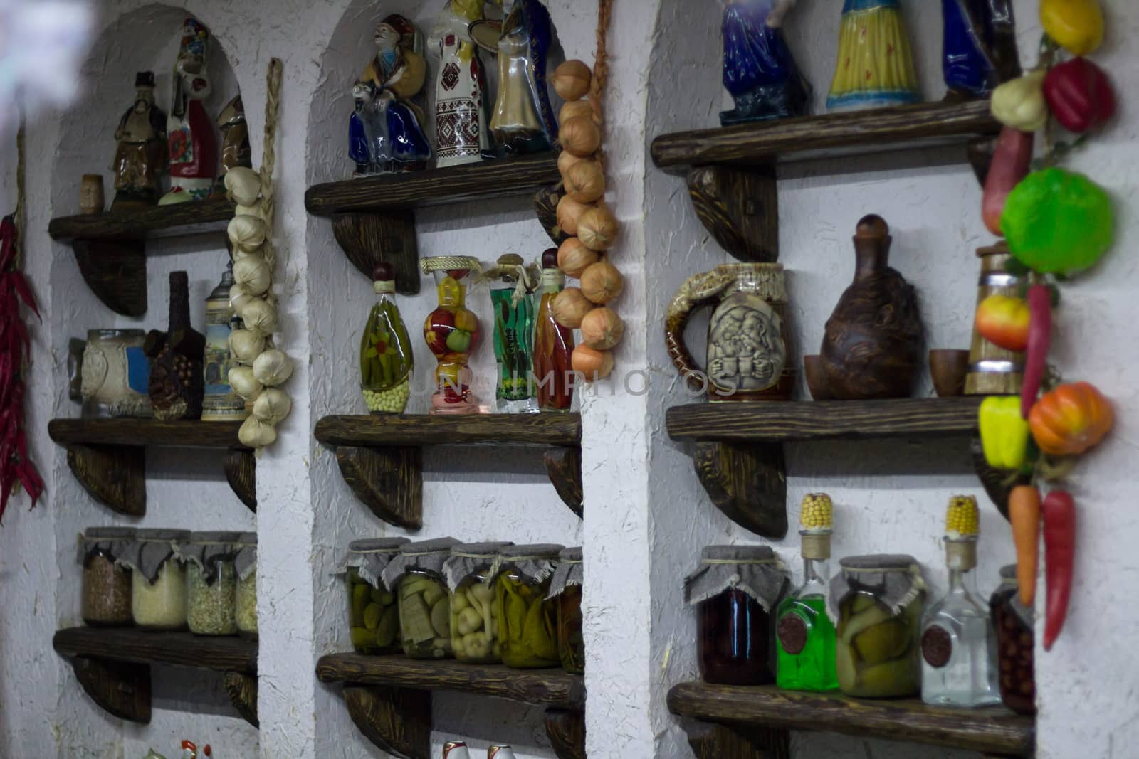 Ukrainian rural country style kitchen with village interior decoration accessories