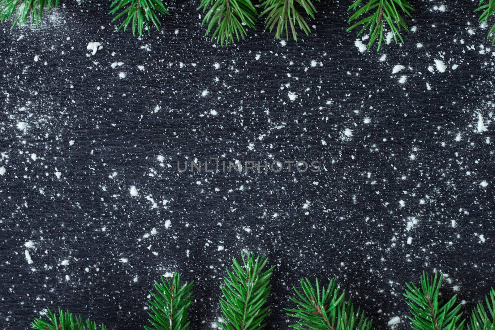 Christmas and New Year winter holiday snowbound black space background with green fir tree branches