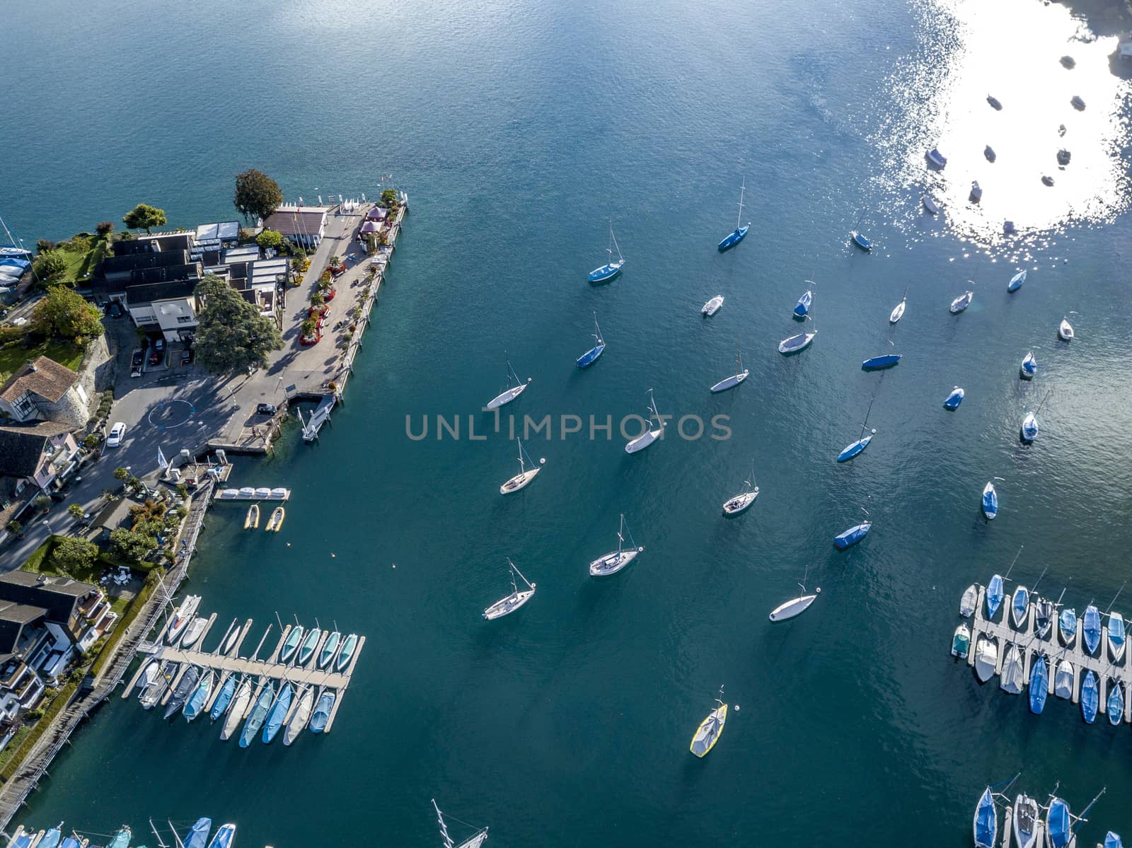 The bird's eye view of the Spiez town of the Switzerland.