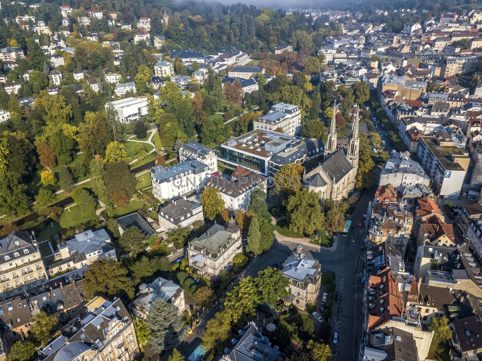 the bird's eye view of the  Baden-Baden city of Germany in September 2017.